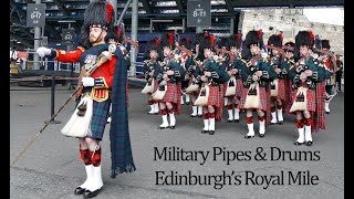 Military Pipes amp Drums march down Edinburghs Royal Mile 4KUHD [upl. by Agni]