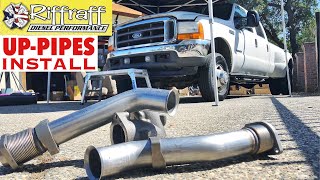 2001 F350 73  RiffRaff UpPipes Install  Stock up pipes leaking and falling apart JUNK SP [upl. by Ecyor]