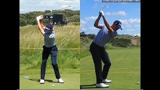 Justin Thomas golf swing  Long Iron faceon amp downtheline July 2017 [upl. by Ydnat379]